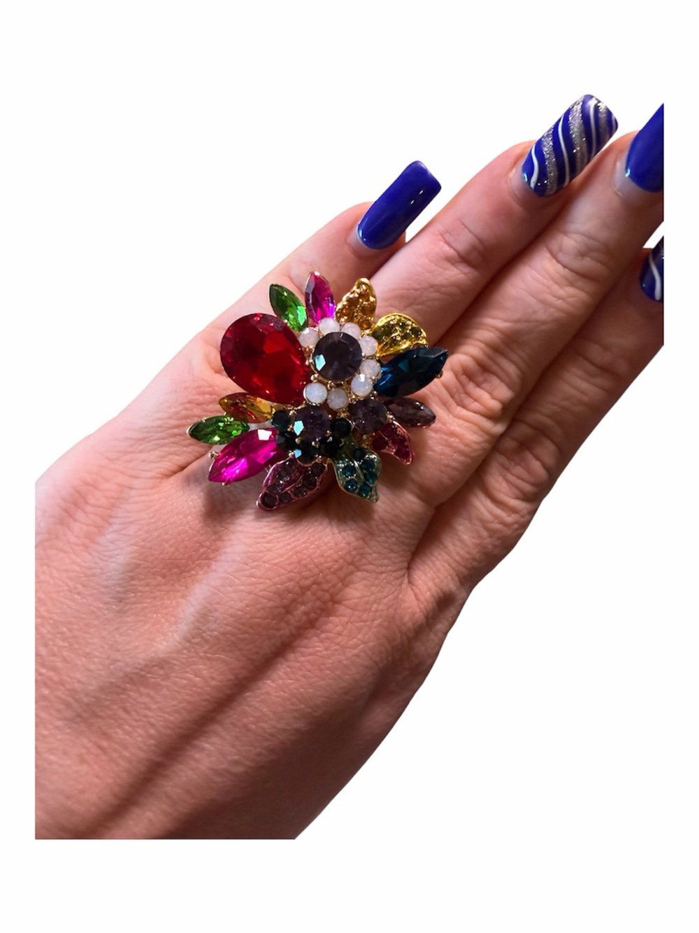 Multicolor Crystal Flower Stretch Cocktail Ring - Women Jewelry